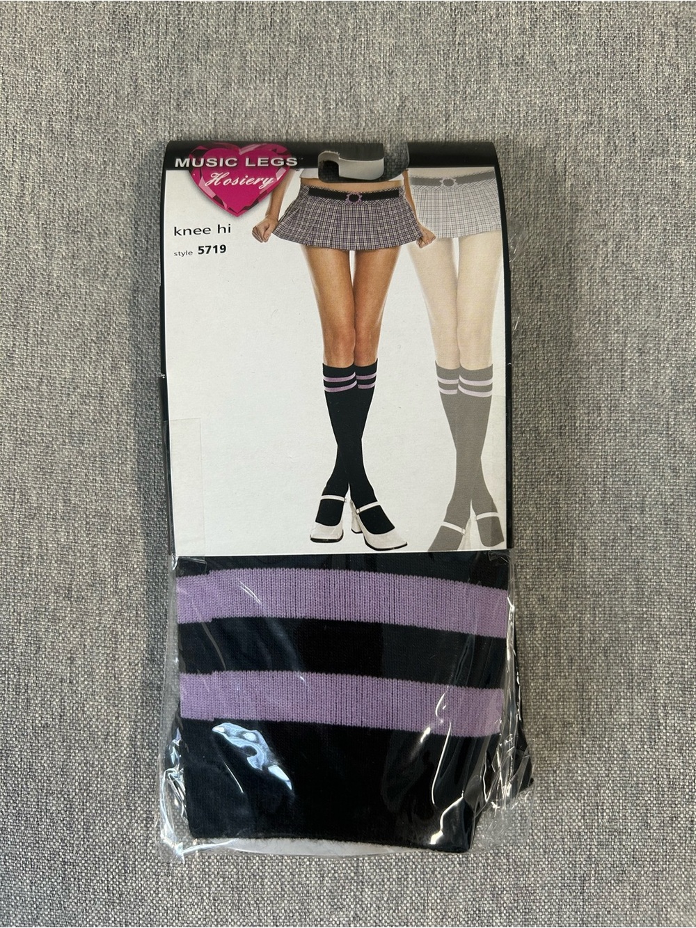 Music Legs Black Knee High Socks with Purple Stripes